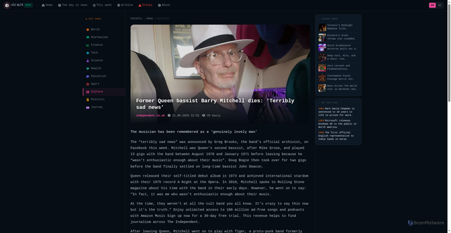 Security scan screenshot of https://soz6.com/news/former-queen-bassist-barry-mitchell-dies-terribly-sad-news