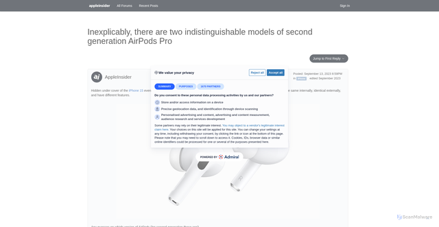 Security scan screenshot of https://forums.appleinsider.com/discussion/233590/inexplicably-there-are-two-indistinguishable-models-of-second-generation-airpods-pro
