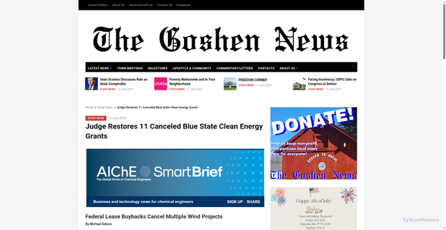 Security scan screenshot of https://www.goshennews.org/judge-restores-11-canceled-blue-state-clean-energy-grants