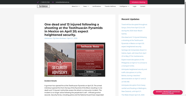 Security scan screenshot of https://safeabroad.com/advisories/one-dead-and-13-injured-following-a-shooting-at-the-teotihuacan-pyramids-in-mexico-on-april-20-expect-heightened-security/