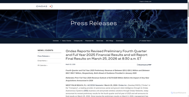 Security scan screenshot of https://ir.ondas.com/press-releases/detail/295/ondas-reports-revised-preliminary-fourth-quarter-and-full
