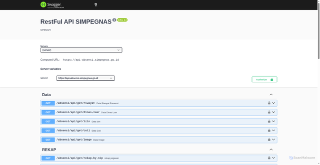Security scan screenshot of https://api-absensi.simpegnas.go.id