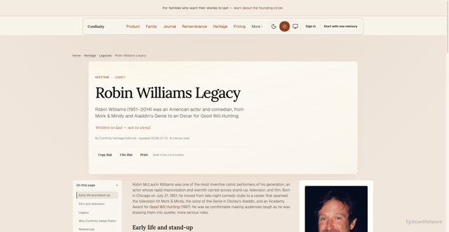 Security scan screenshot of https://www.confinity.com/legacies/robin-williams