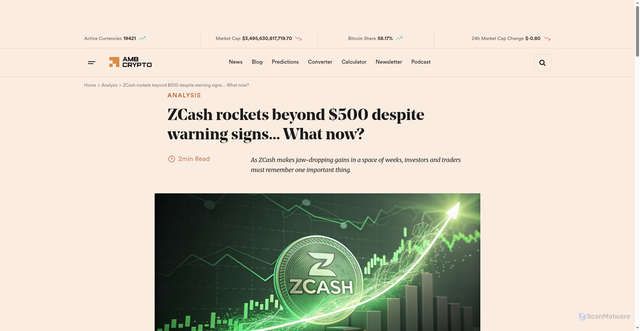 Security scan screenshot of https://ambcrypto.com/zcash-rockets-beyond-500-despite-warning-signs-what-now/