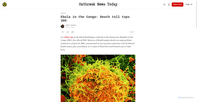 Security scan screenshot of https://outbreaknewstoday.substack.com/p/ebola-in-the-congo-death-toll-tops