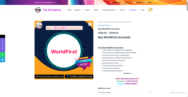 Security scan screenshot of https://topsellagency.com/product/buy-worldfirst-accounts/