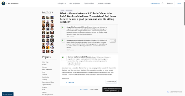 Security scan screenshot of https://al-islam.org/ask/what-is-the-mainstream-shii-belief-about-abu-lulu-was-he-a-muslim-or-zoroastrian-and-do-we-believe-he-was-a-good-person-and-was-his-killing-justified