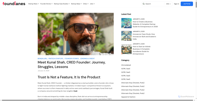 Security scan screenshot of https://foundlanes.com/meet-kunal-shah-cred-founder-journey-struggles-lessons/