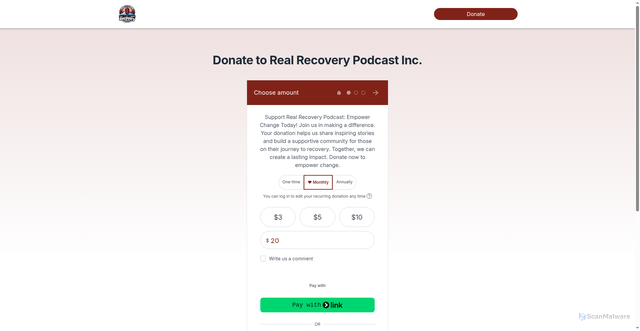 Security scan screenshot of https://donate.realrecoverypodcast.com/