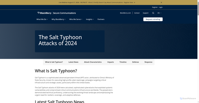 Security scan screenshot of https://www.blackberry.com/en/secure-communications/insights/glossary/salt-typhoon