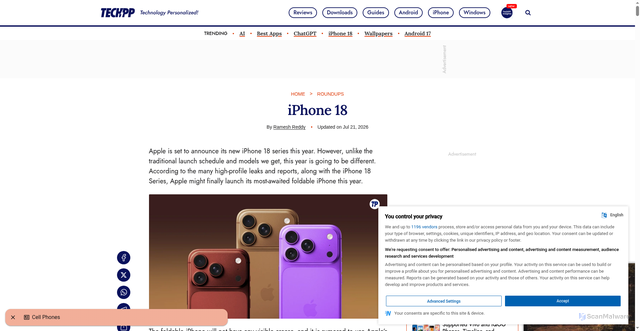 Security scan screenshot of https://techpp.com/roundup/iphone-18/