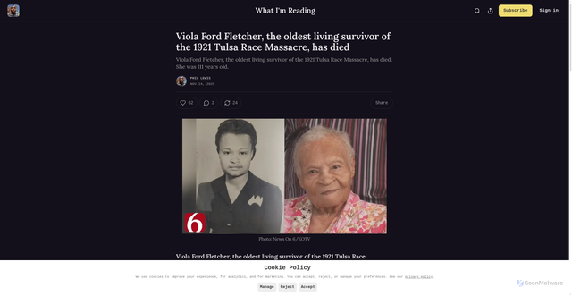 Security scan screenshot of https://www.whatimreading.net/p/viola-ford-fletcher-tulsa-dead