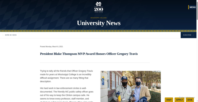 Security scan screenshot of https://www.mc.edu/news/president-blake-thompson-mvp-award-honors-officer-gregory-travis