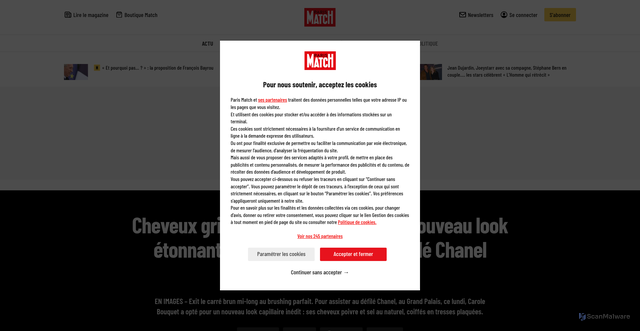 Security scan screenshot of https://www.parismatch.com/People/cheveux-gris-et-tresses-plaquees-le-nouveau-look-etonnant-de-carole-bouquet-au-defile-chanel-258235