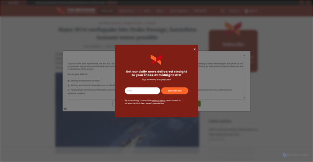 Security scan screenshot of https://watchers.news/2025/10/10/major-m7-6-earthquake-drake-passage-hazardous-tsunami-waves-possible-october-10-2025/
