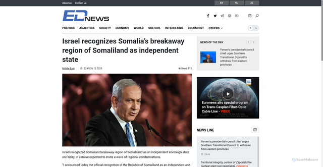 Security scan screenshot of https://ednews.net/en/news/middle-east/709653-israel-recognizes-somalias-breakaway-region