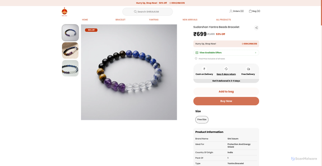Security scan screenshot of https://shriaaum.store/Sudarshan-Yantra-Beads-Bracelet/catalogue/hdO-S2A1/DS_8F0xm
