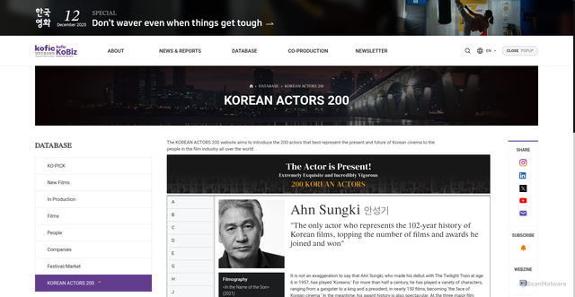 Security scan screenshot of https://www.koreanfilm.or.kr/eng/kofic/200_actors/Ahn_Sungki.jsp