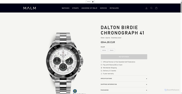 Security scan screenshot of https://se.malmwatches.com/products/dalton-birdie-chronograph-41?utm_source=newsletter&utm_medium=email&utm_campaign=Tournytt_v34_2026&dt_id=fcd58f97-538d-4232-8bec-ce92f0c0cceb