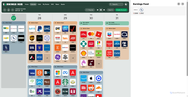 Security scan screenshot of https://earningshub.com/earnings-calendar/this-week