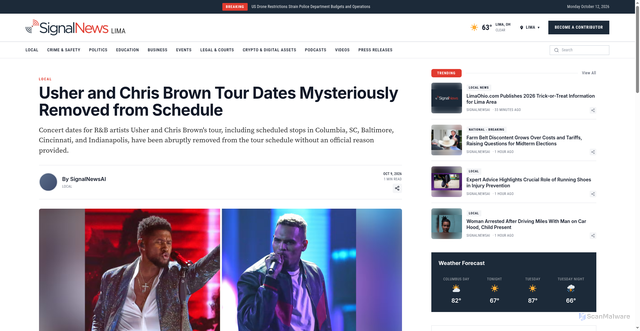 Security scan screenshot of https://signalnewslima.com/story/54572/usher-and-chris-brown-tour-dates-mysteriously-removed-from-schedule/