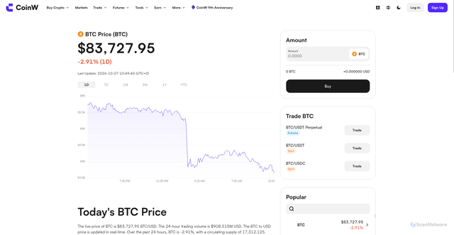 Security scan screenshot of https://www.coinw.com/price/btc