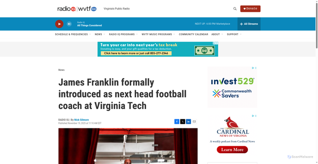 Security scan screenshot of https://www.wvtf.org/news/2025-11-19/james-franklin-formally-introduced-as-next-head-football-coach-at-virginia-tech
