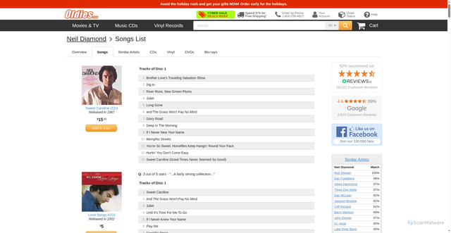 Security scan screenshot of https://www.oldies.com/artist-songs/Neil-Diamond.html?srsltid=AfmBOor4jmlV3lKbRvXlvuiSdY5-vnYkjYazUJWAhJMrUZD1QmSF9HU7