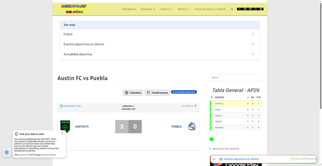 Security scan screenshot of https://americayya.net/joomsport_match/leagues-cup-2026-austin-fc-vs-puebla/