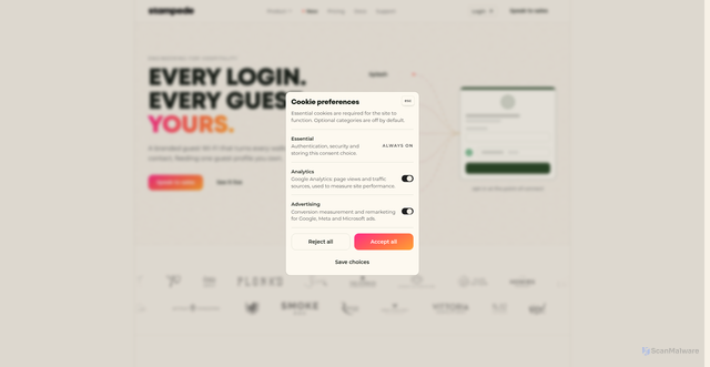 Security scan screenshot of https://stampede.ai/guest-wifi?utm_source=stampede&utm_medium=email&utm_term=wifi&utm_content=powered-by-logo
