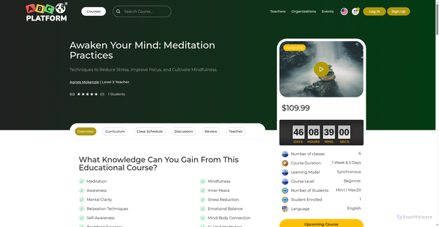 Security scan screenshot of https://abcplatform.com/courses/Health-&-Fitness/Meditation-&-Rest/Course-Details/C64D/ABC304T/Awaken-Your-Mind:-Meditation-Practices