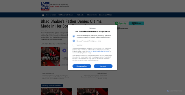 Security scan screenshot of https://radio.foxnews.com/2025/10/21/bhad-bhabies-father-denies-claims-made-in-her-song-honest/