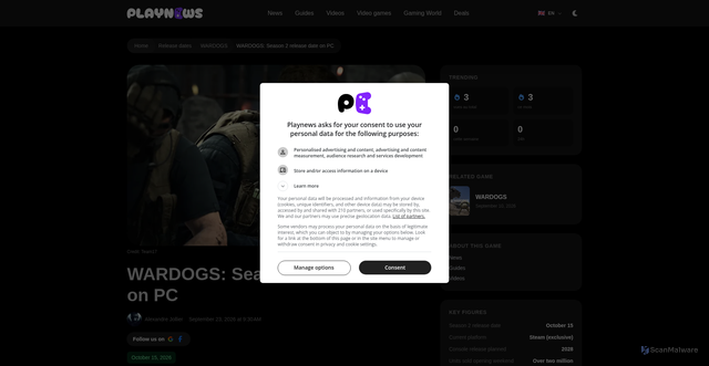Security scan screenshot of https://www.playnews.gg/en/release-dates/wardogs-season-2-release-date-on-pc