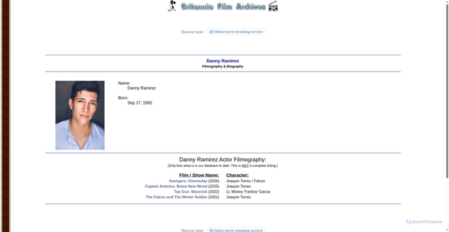 Security scan screenshot of https://www.britannia.org/films/filmography/danny-ramirez/719064