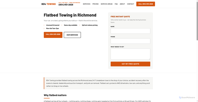 Security scan screenshot of https://804towing.com/services/towing/