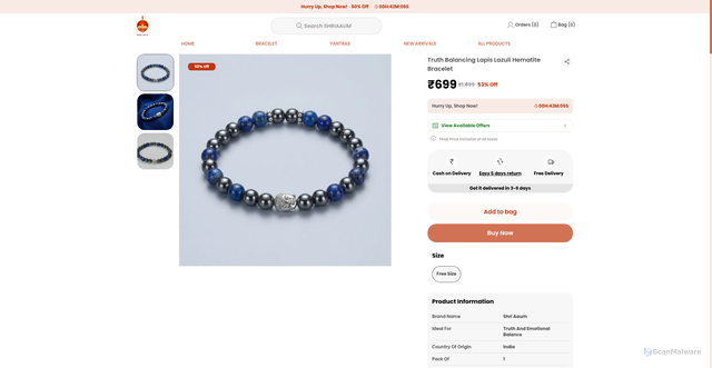 Security scan screenshot of https://shriaaum.store/Truth-Balancing-Lapis-Lazuli-Hematite-Bracelet/catalogue/iUeC8j_H/92GMGfHO