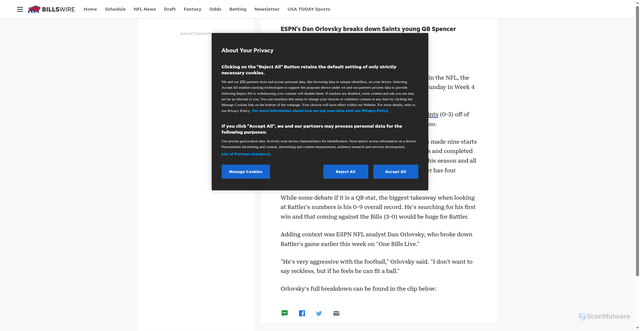 Security scan screenshot of https://billswire.usatoday.com/story/sports/nfl/bills/2025/09/28/espn-dan-orlovsky-breaks-down-new-orleans-saints-spencer-rattler-buffalo-bills-video-nfl/86403165007/