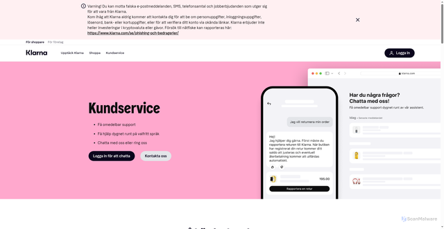 Security scan screenshot of https://www.klarna.com/se/kundservice?utm_source=CRM&utm_medium=email&utm_campaign=aa9e5fbd-3367-44b4-8f2c-98ea2bdf89ee