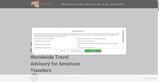 Security scan screenshot of https://johnnyjet.com/security-alert-u-s-state-department-just-issued-a-worldwide-travel-advisory-for-american-travelers/