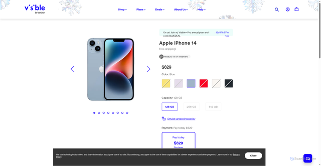 Security scan screenshot of https://www.visible.com/shop/smartphones/iphone-14?sku=MPVH3LL%2FA