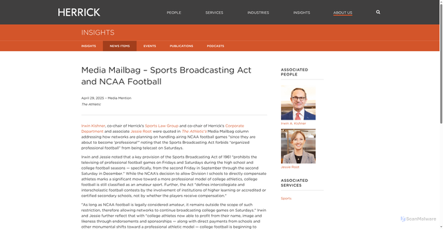 Security scan screenshot of https://www.herrick.com/news/media-mailbag-sports-broadcasting-act-and-ncaa-football/