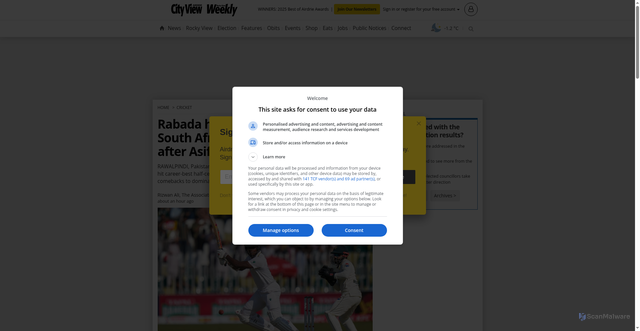 Security scan screenshot of https://www.airdriecityview.com/cricket/rabada-hits-first-test-50-to-lead-south-africas-comeback-vs-pakistan-after-asif-afridis-record-day-11380325