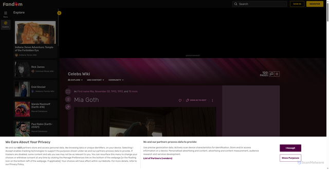 Security scan screenshot of https://celebs.fandom.com/wiki/Mia_Goth