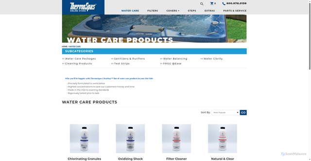 Security scan screenshot of https://online.thermospas.com/Water-Care-Products-Chemicals-and-Maintenance-s/3.htm