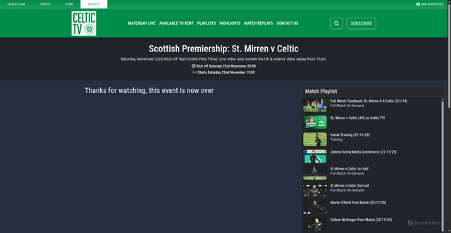 Security scan screenshot of https://celticfc.tv/events/80001238