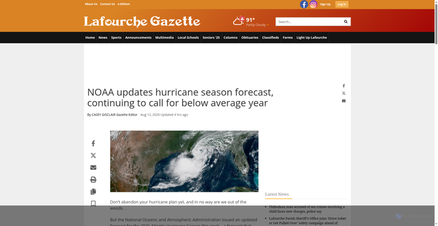 Security scan screenshot of https://www.lafourchegazette.com/local_news/noaa-updates-hurricane-season-forecast-continuing-to-call-for-below-average-year/article_7bf0d4f9-a2ca-4daa-ba6b-7b0d6c286e36.html