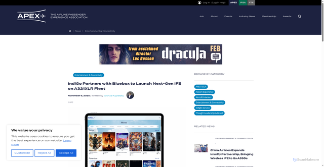Security scan screenshot of https://apex.aero/articles/indigo-partners-with-bluebox-to-launch-next-gen-ife-on-a321xlr-fleet/