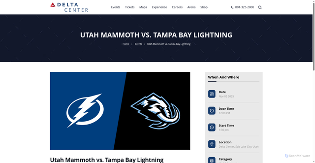 Security scan screenshot of https://www.deltacenter.com/events/utah-mammoth-vs-tampa-bay-lightning/