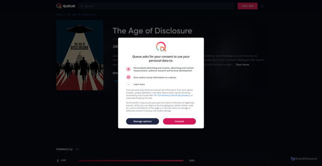 Security scan screenshot of https://www.queue.co/movies/the-age-of-disclosure