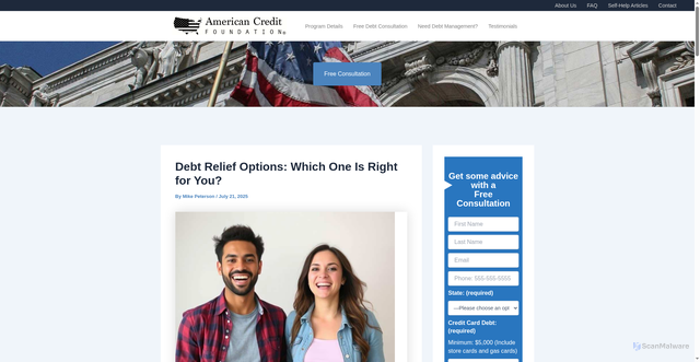 Security scan screenshot of https://americancreditfoundation.org/articles/debt-relief-options/
